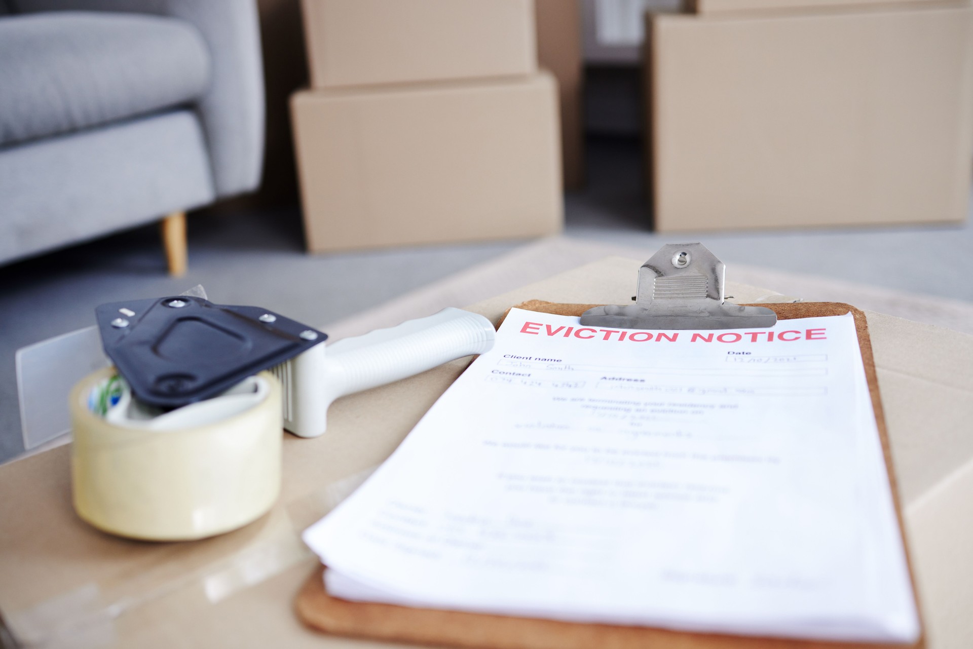 Shot of an eviction notice and a tape dispenser on a cardboard box in an empty living room